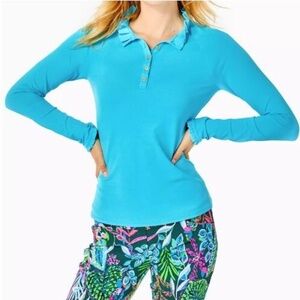 Lilly Pulitzer Shirt Womens Seabreeze Blue Luxletic Hutton Polo UPF 50+ -size M